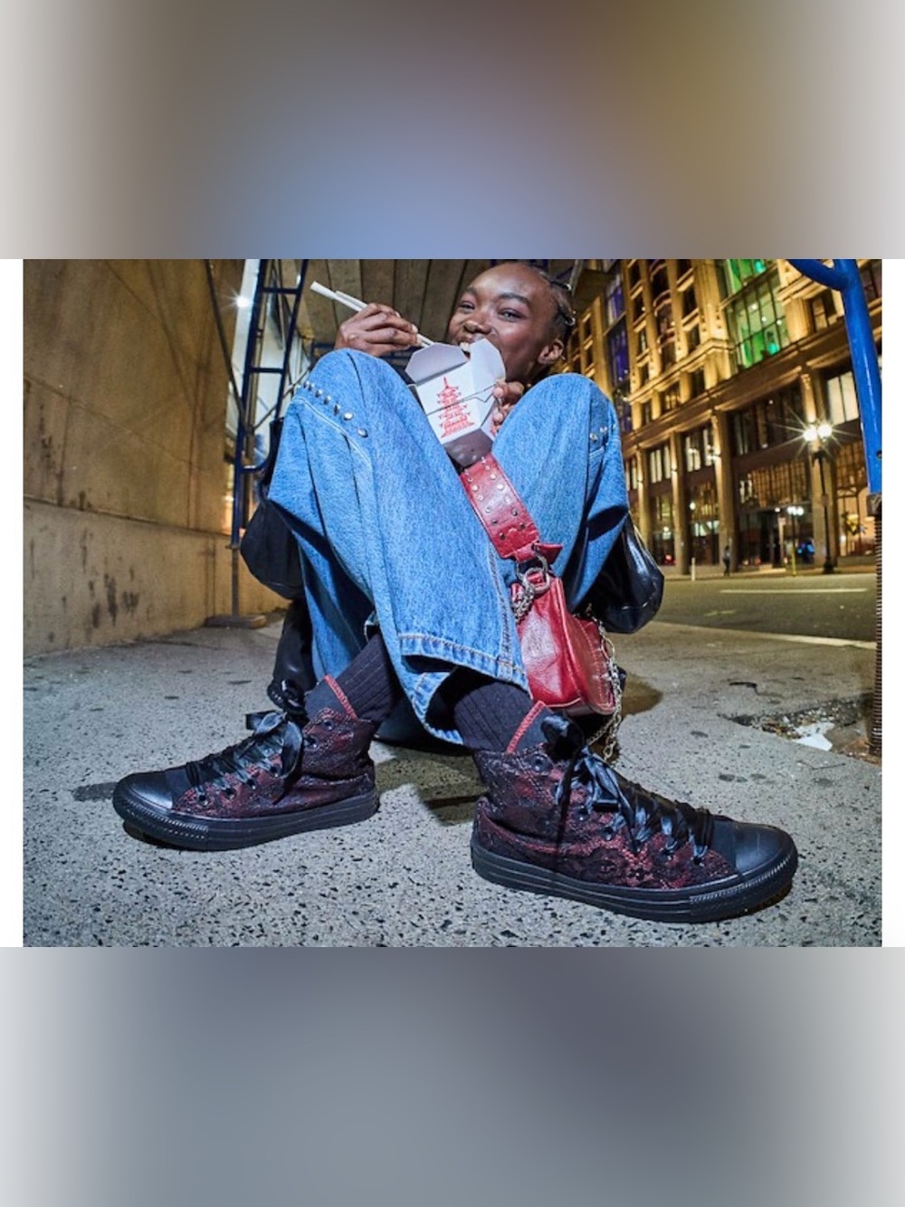Chuck Taylor All Star High Top Dressed Up Lace Overlay Sneaker Black/Park Red - Picture 10 of 12
